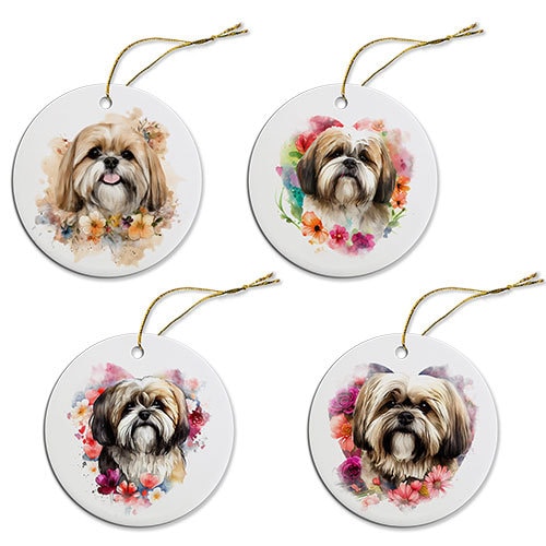 Ceramic round Christmas ornament featuring a Lhasa Apso design with a golden string for hanging.