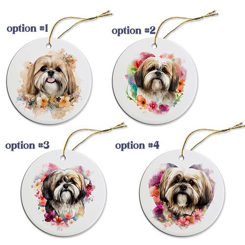 Ceramic round Christmas ornament featuring a Lhasa Apso design with a golden string for hanging.