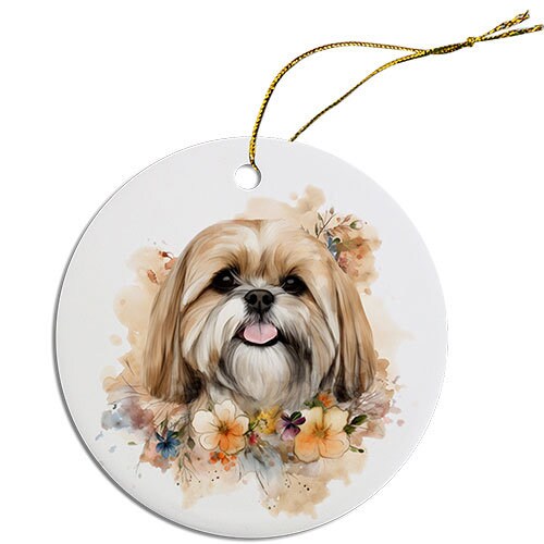 Ceramic round Christmas ornament featuring a Lhasa Apso design with a golden string for hanging.