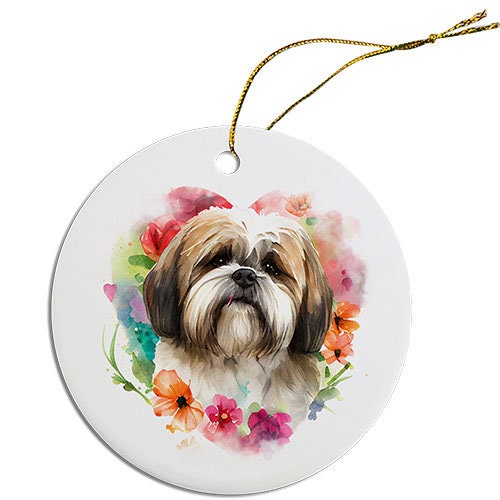 Ceramic round Christmas ornament featuring a Lhasa Apso design with a golden string for hanging.