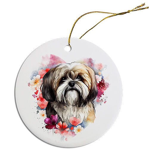 Ceramic round Christmas ornament featuring a Lhasa Apso design with a golden string for hanging.