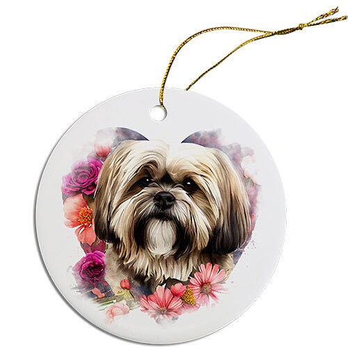 Ceramic round Christmas ornament featuring a Lhasa Apso design with a golden string for hanging.