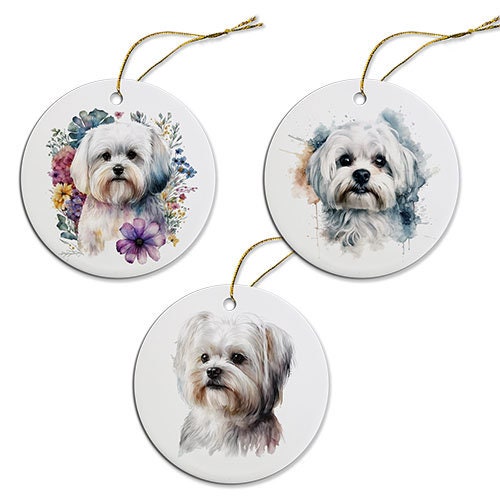 Ceramic round Christmas ornament featuring a Maltese dog design with a golden string.