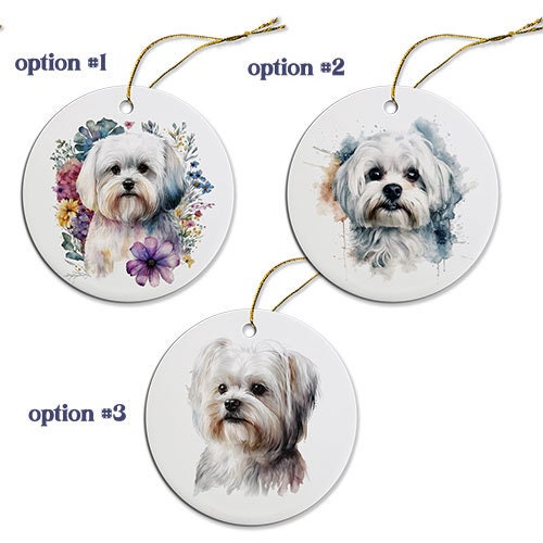Ceramic round Christmas ornament featuring a Maltese dog design with a golden string.