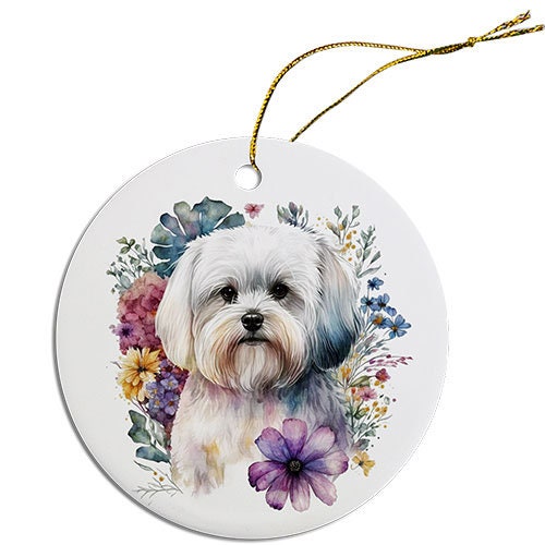Ceramic round Christmas ornament featuring a Maltese dog design with a golden string.