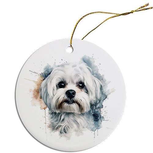 Ceramic round Christmas ornament featuring a Maltese dog design with a golden string.