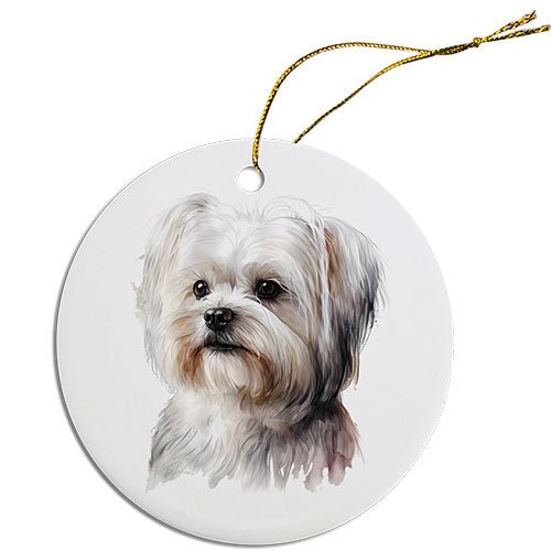 Ceramic round Christmas ornament featuring a Maltese dog design with a golden string.