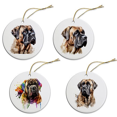Ceramic round Christmas ornament featuring a Mastiff design, with a golden string for hanging.