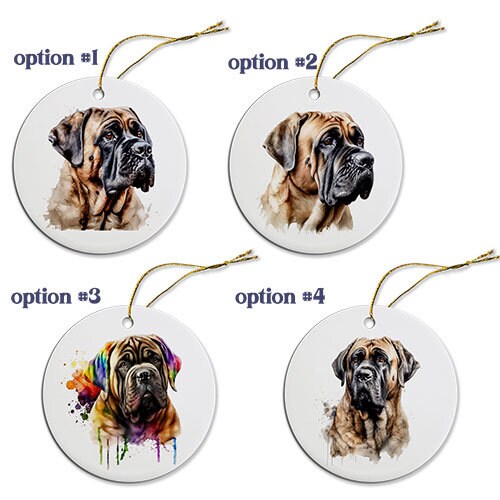 Ceramic round Christmas ornament featuring a Mastiff design, with a golden string for hanging.