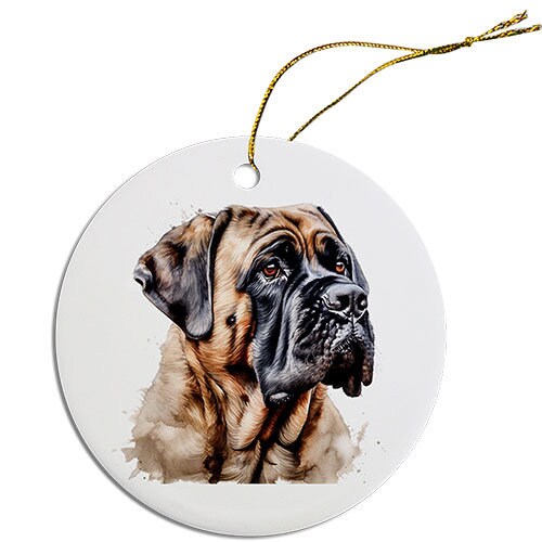 Ceramic round Christmas ornament featuring a Mastiff design, with a golden string for hanging.