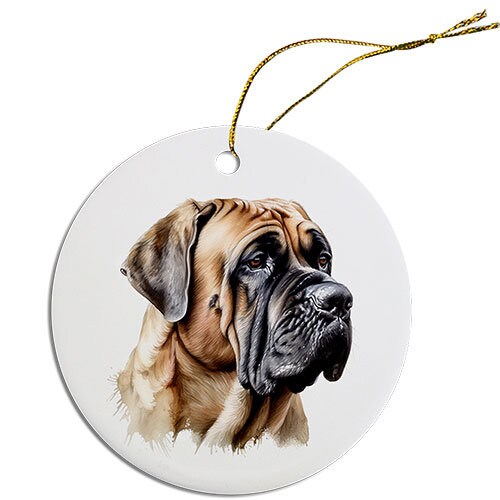 Ceramic round Christmas ornament featuring a Mastiff design, with a golden string for hanging.