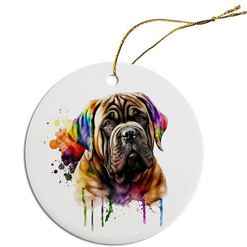 Ceramic round Christmas ornament featuring a Mastiff design, with a golden string for hanging.