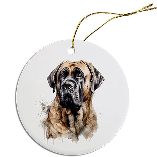 Ceramic round Christmas ornament featuring a Mastiff design, with a golden string for hanging.