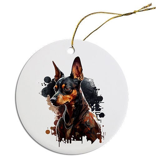 Ceramic round Christmas ornament featuring a Miniature Pinscher design with a golden string for hanging.