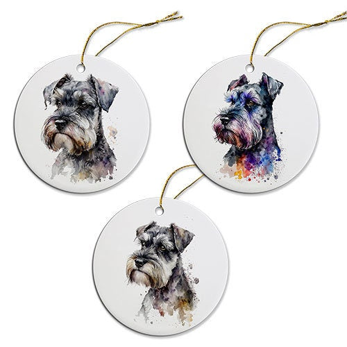 Ceramic round Christmas ornament featuring a Miniature Schnauzer design with a golden string.
