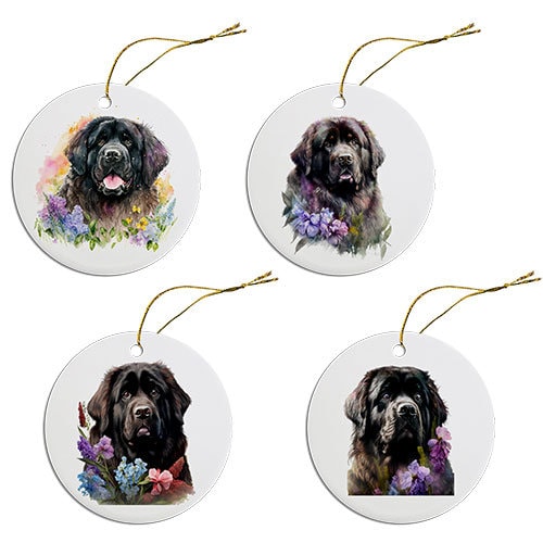 Ceramic round Christmas ornament featuring a Newfoundland dog breed design with a golden string.
