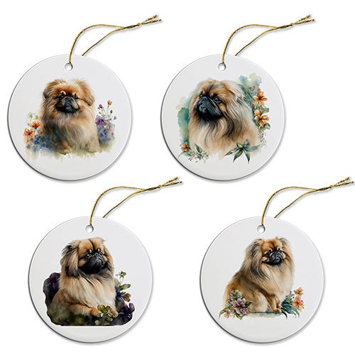 Ceramic round Christmas ornament featuring a Pekingese dog design with a golden string.