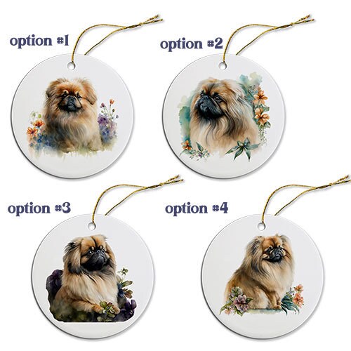 Ceramic round Christmas ornament featuring a Pekingese dog design with a golden string.