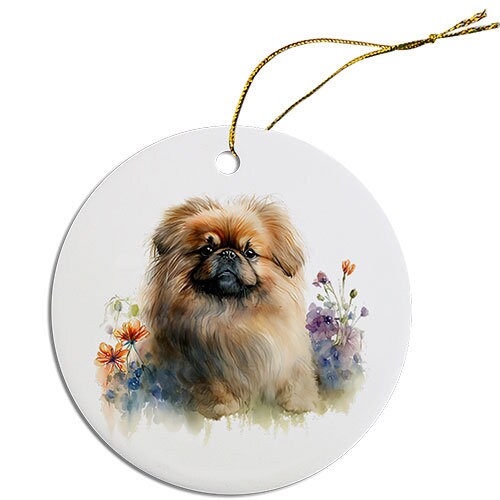 Ceramic round Christmas ornament featuring a Pekingese dog design with a golden string.