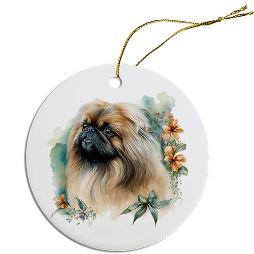 Ceramic round Christmas ornament featuring a Pekingese dog design with a golden string.