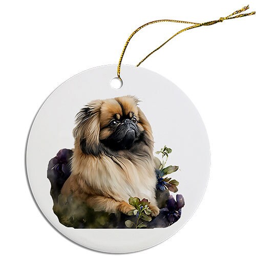 Ceramic round Christmas ornament featuring a Pekingese dog design with a golden string.
