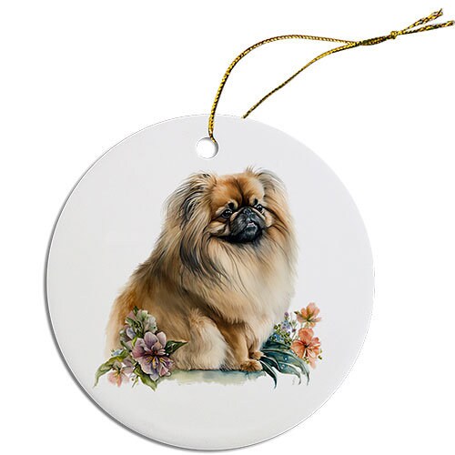 Ceramic round Christmas ornament featuring a Pekingese dog design with a golden string.