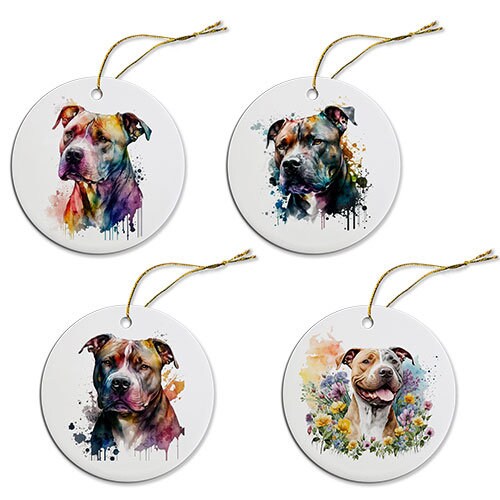 Ceramic round Christmas ornament featuring a Pit Bull design with a golden string for hanging.