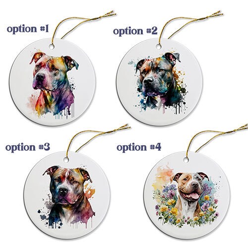 Ceramic round Christmas ornament featuring a Pit Bull design with a golden string for hanging.