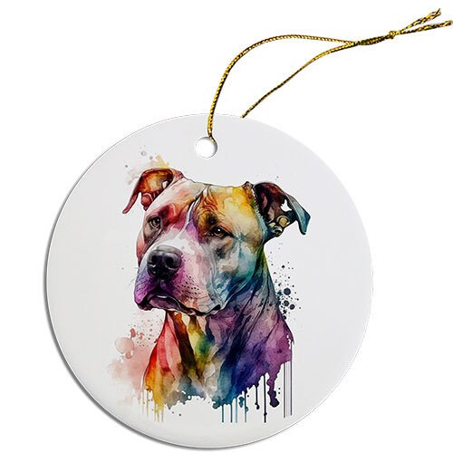 Ceramic round Christmas ornament featuring a Pit Bull design with a golden string for hanging.
