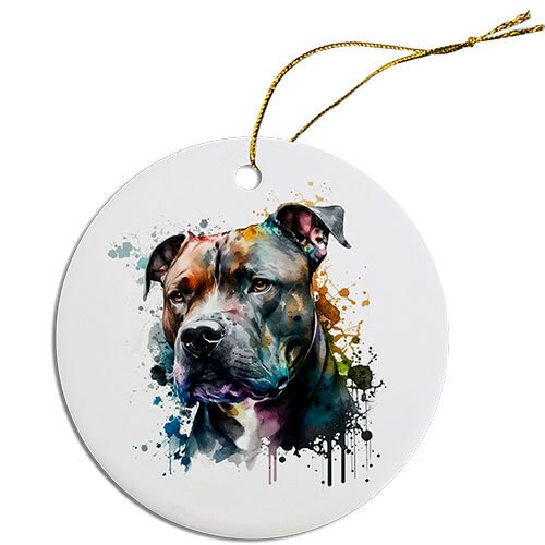 Ceramic round Christmas ornament featuring a Pit Bull design with a golden string for hanging.