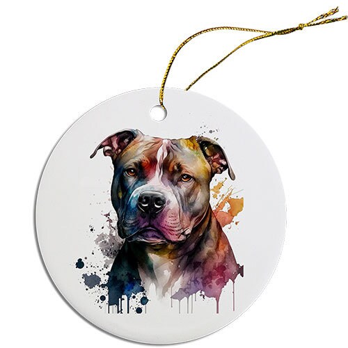 Ceramic round Christmas ornament featuring a Pit Bull design with a golden string for hanging.