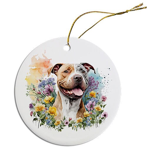 Ceramic round Christmas ornament featuring a Pit Bull design with a golden string for hanging.