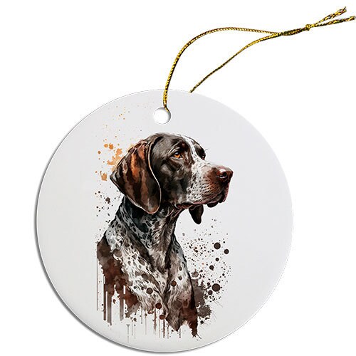 Ceramic round Christmas ornament featuring a Pointer dog breed design with a golden string.