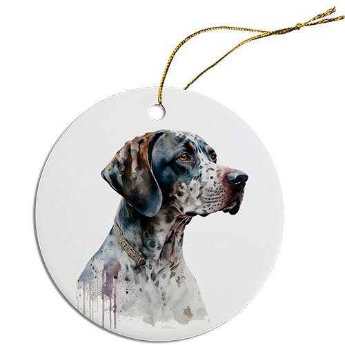 Ceramic round Christmas ornament featuring a Pointer dog breed design with a golden string.