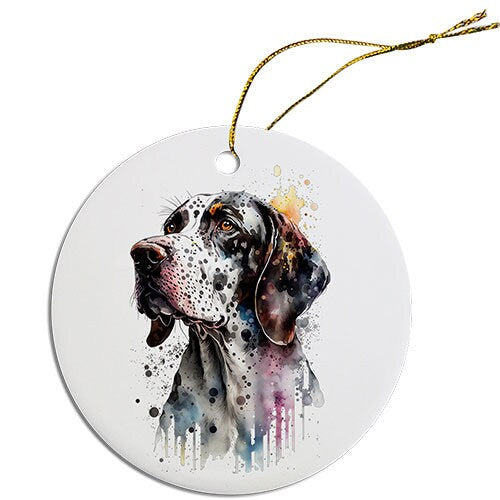 Ceramic round Christmas ornament featuring a Pointer dog breed design with a golden string.