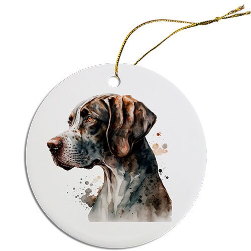Ceramic round Christmas ornament featuring a Pointer dog breed design with a golden string.