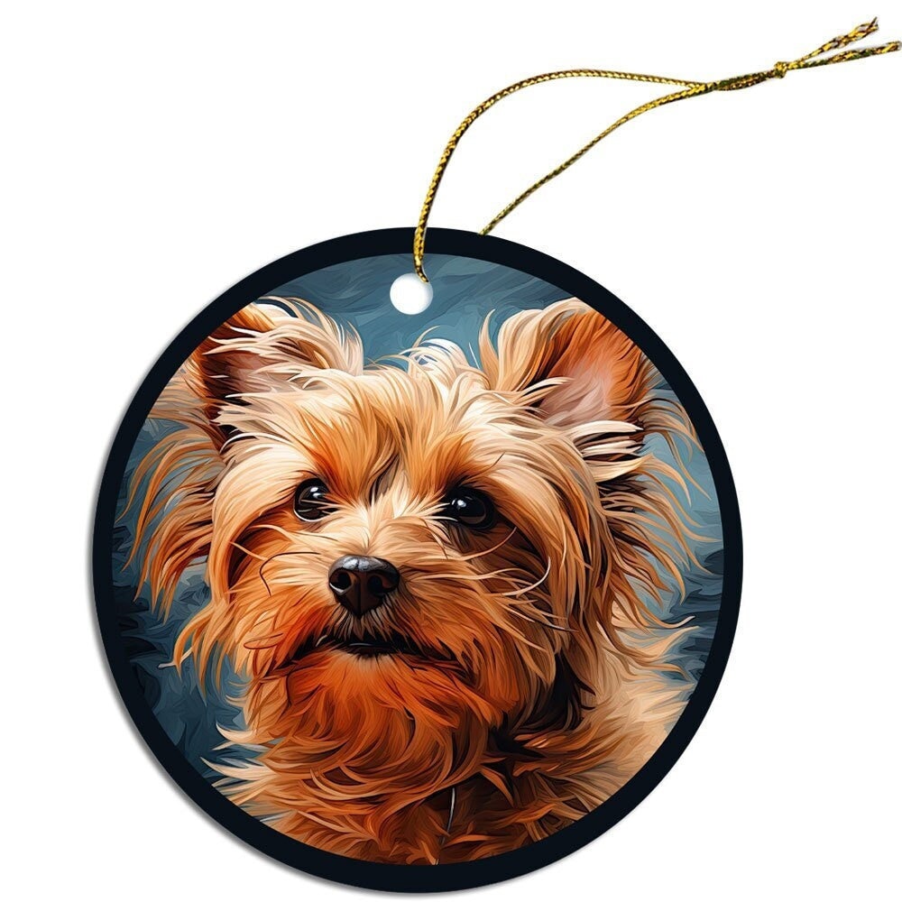 Ceramic round Christmas ornament featuring a Pomapoo design with a golden string for hanging.