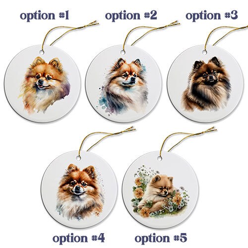 A round ceramic Christmas ornament featuring a cute Pomeranian design, with a golden string for hanging.