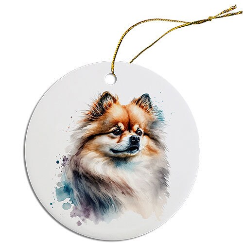 A round ceramic Christmas ornament featuring a cute Pomeranian design, with a golden string for hanging.
