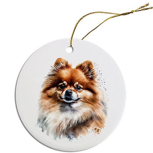 A round ceramic Christmas ornament featuring a cute Pomeranian design, with a golden string for hanging.