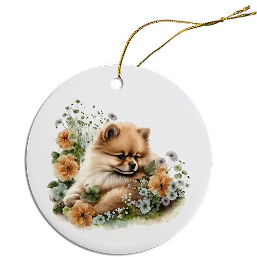 A round ceramic Christmas ornament featuring a cute Pomeranian design, with a golden string for hanging.