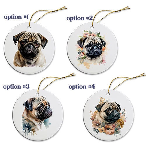 Ceramic round Christmas ornament featuring a Pug design with a golden string for hanging.