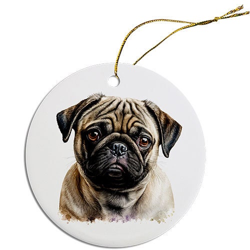 Ceramic round Christmas ornament featuring a Pug design with a golden string for hanging.