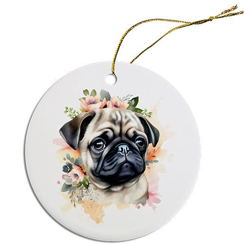 Ceramic round Christmas ornament featuring a Pug design with a golden string for hanging.