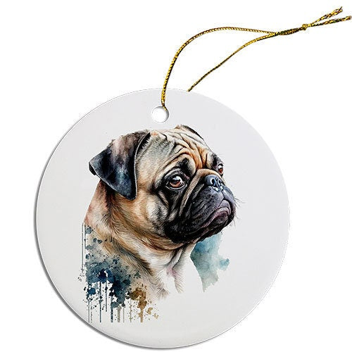 Ceramic round Christmas ornament featuring a Pug design with a golden string for hanging.