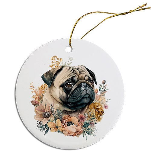 Ceramic round Christmas ornament featuring a Pug design with a golden string for hanging.
