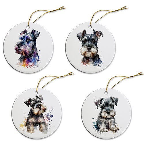 Ceramic round Christmas ornament featuring a Schnauzer design with a golden string for hanging.