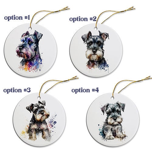 Ceramic round Christmas ornament featuring a Schnauzer design with a golden string for hanging.
