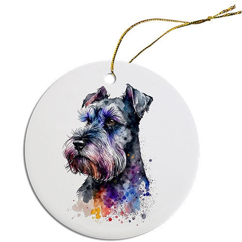 Ceramic round Christmas ornament featuring a Schnauzer design with a golden string for hanging.