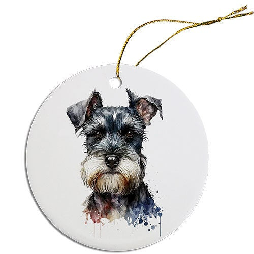Ceramic round Christmas ornament featuring a Schnauzer design with a golden string for hanging.